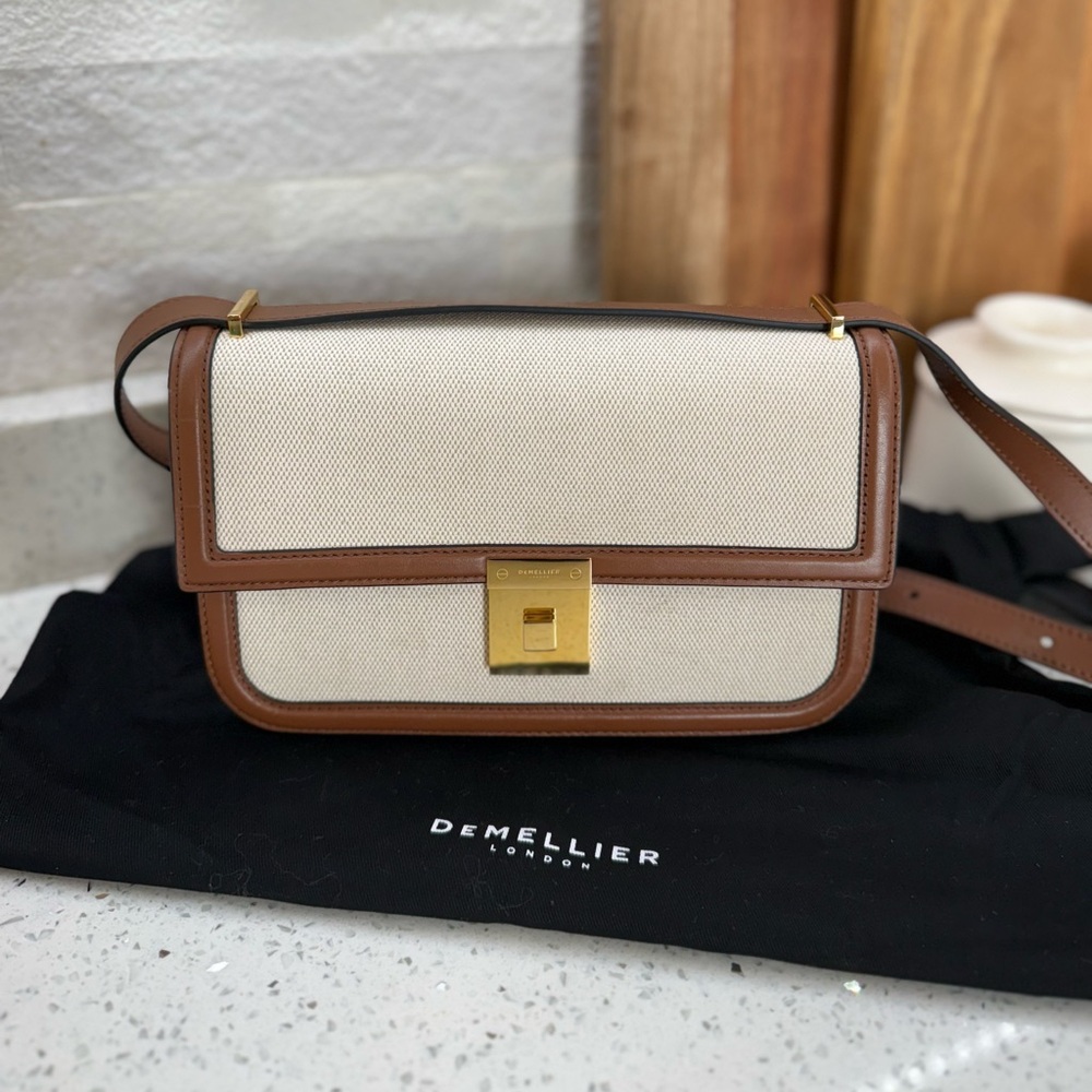 DeMellier Paris crossbody bag, linen and tan leather